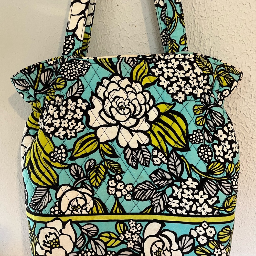 Vera Bradley shoulder quilt purse, turquoise, blue, lime, black. 14” W x 12”H